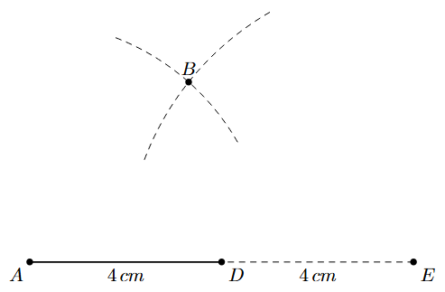 Step 4 Step 4: An arc of radius 6 cm from E intersects the arc from A at point B.